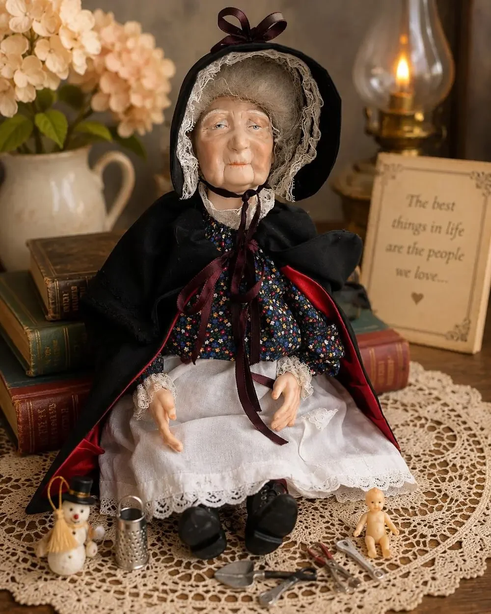 Vintage 1985 Darlene S Signed Artist Bisque Grandma Doll Folk Art w/ Miniatures
